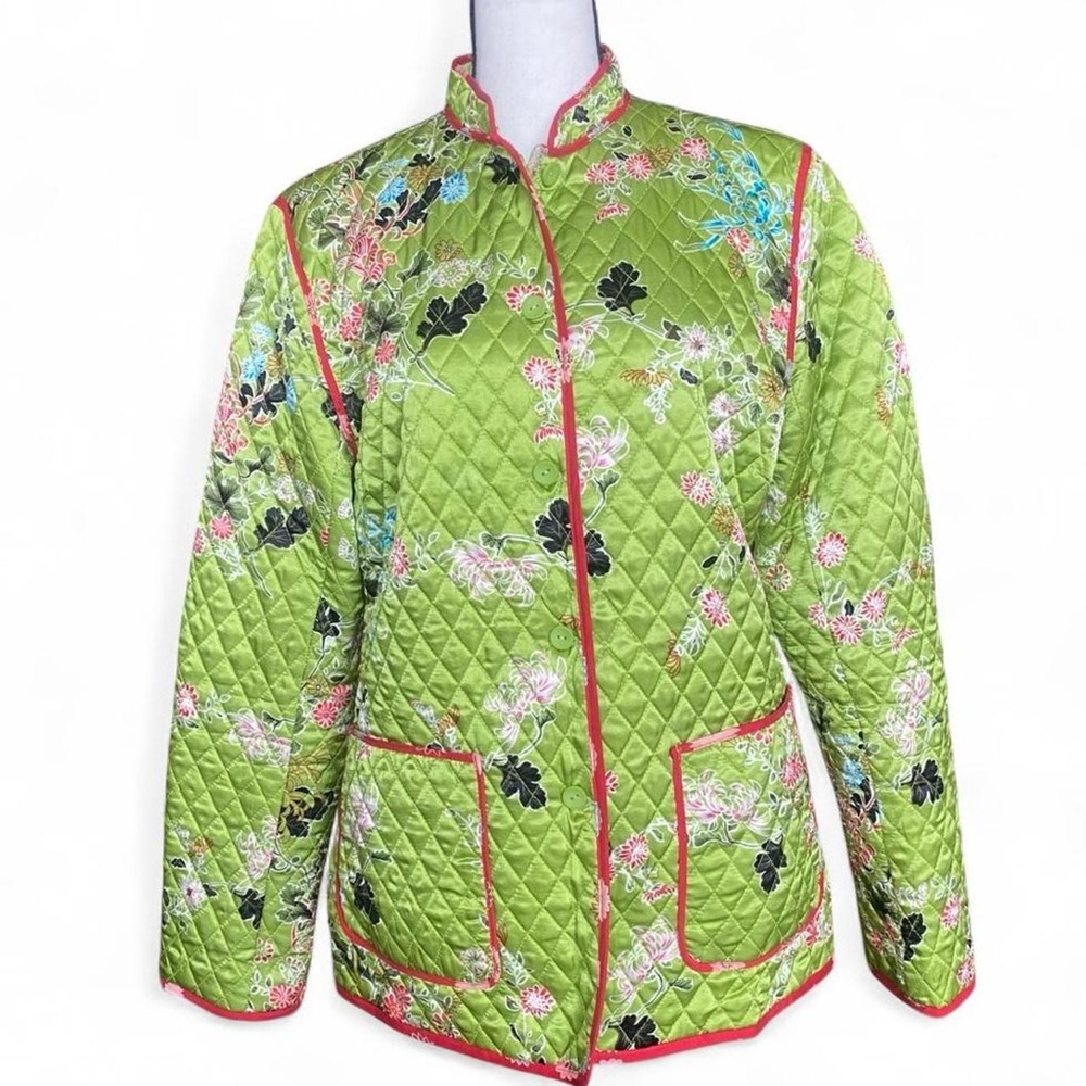 Green Quilted Floral Jacket with Red Trim